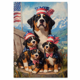 Mother Greater Swiss Mountain Dog and Three Puppies Wearing Patriotic Hats and Bows with American Flag and Mountain Backdrop on Ready to Hang 1.5" Thick Canvas Wrap, Floating Framed Canvas, Flat Rolled Canvas